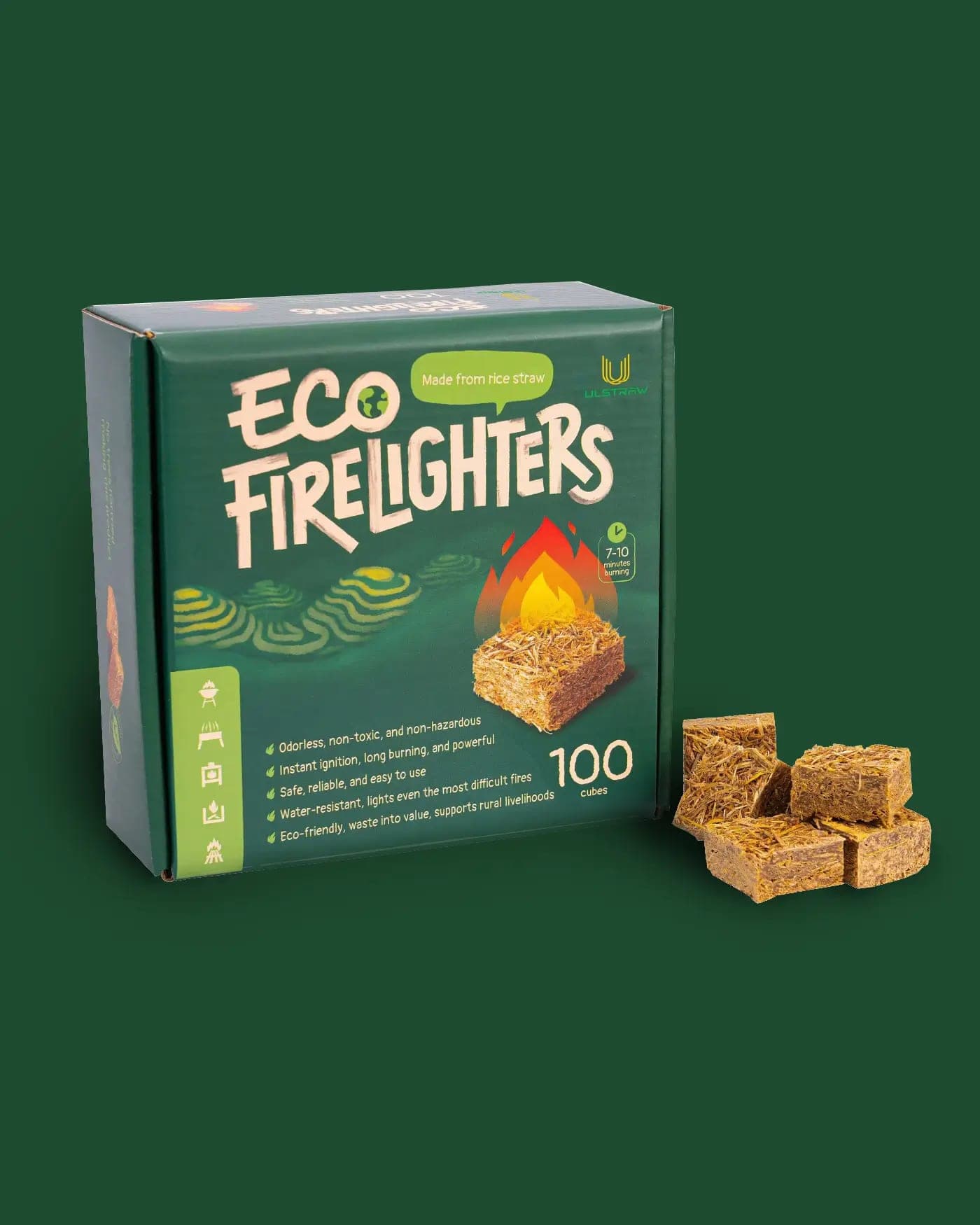 Ulstraw Eco Firelighters 100 Cubes retail pack with its printed carton