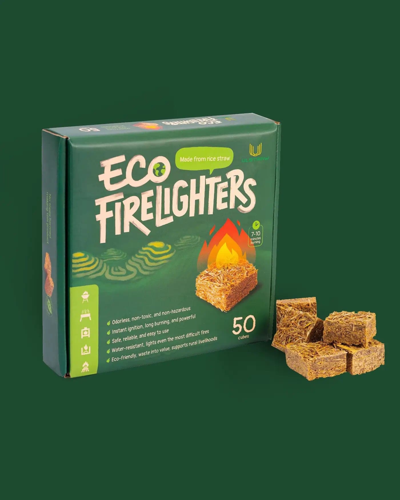 Ulstraw Eco Firelighters 50 Cubes pack of pressed rice-straw fire starter cubes
