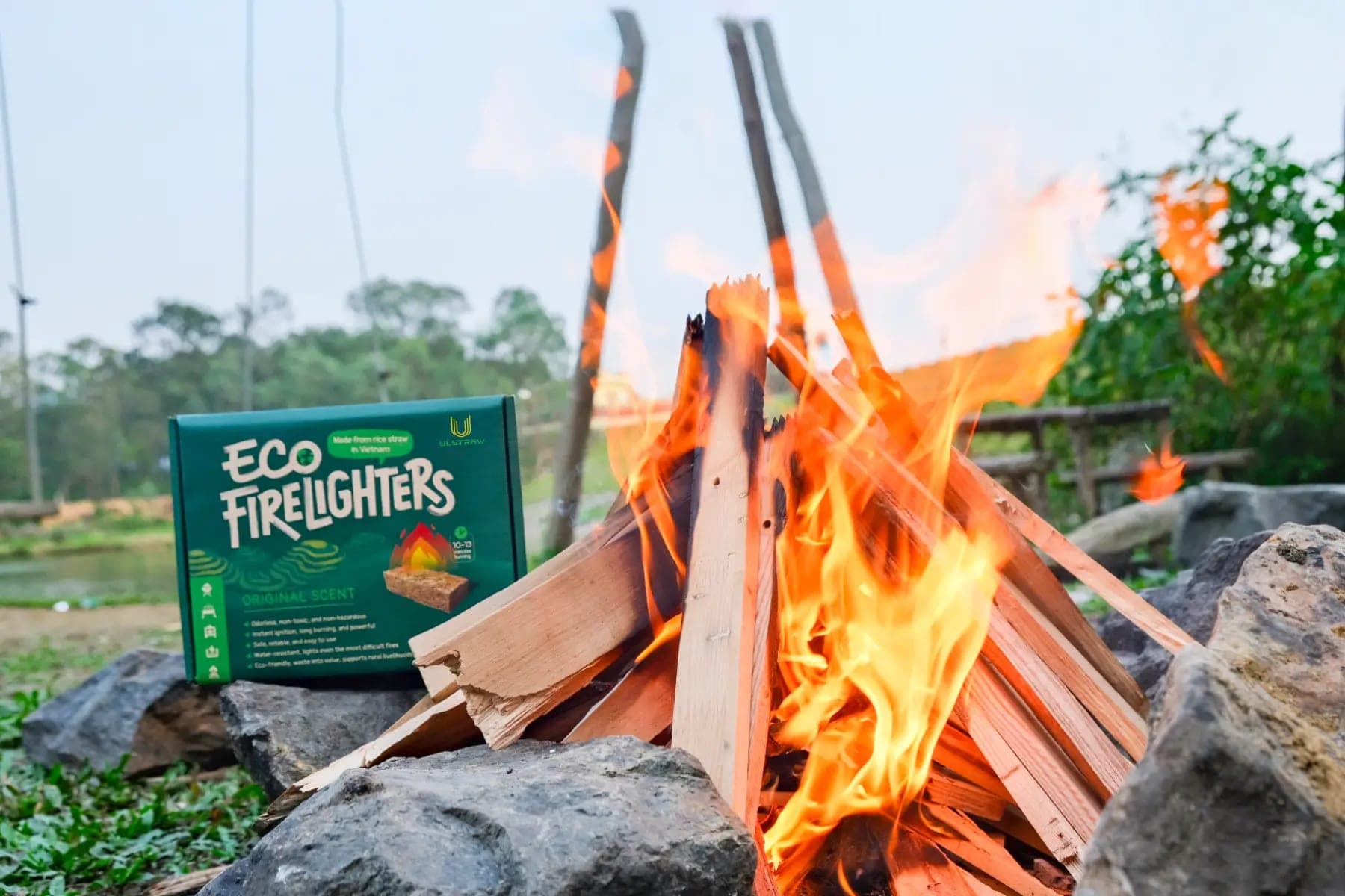 Ulstraw eco firelighter starting a wood fire in a domestic fireplace